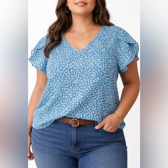 SHEIN Tops - SHEIN Women’s XL Blue Heart Print V-Neck Flutter Sleeve Blouse EUC